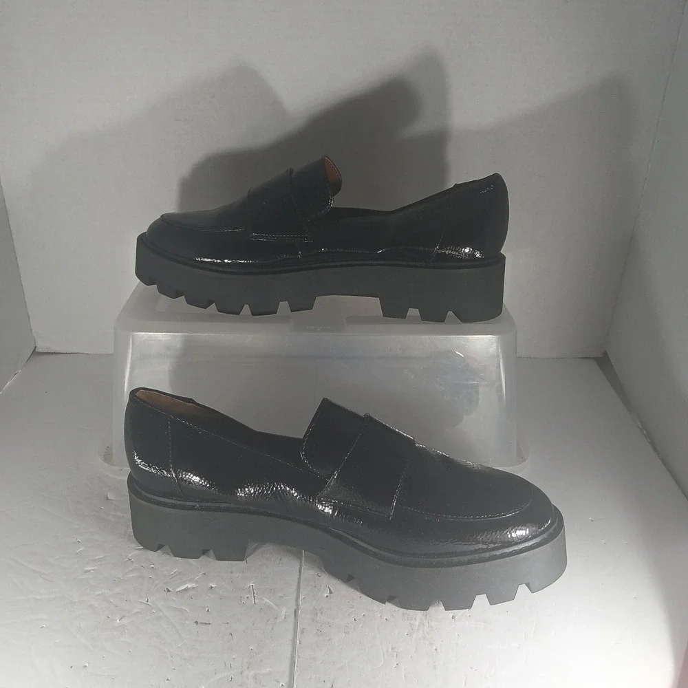 Franco Sarto Brindy Platform Loafers 8.5M Black Patent Lug Sole Chunky Shoes
